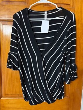 Emerald Black & White Striped Wrap Blouse